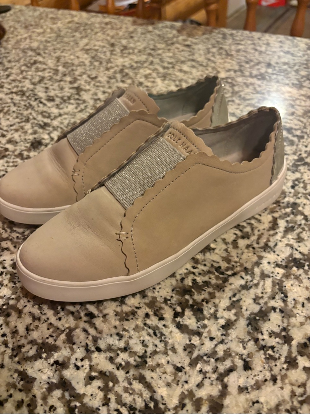 Cole Haan Taupe Slip-On Scalloped Leather Sneakers with Silver Elastic